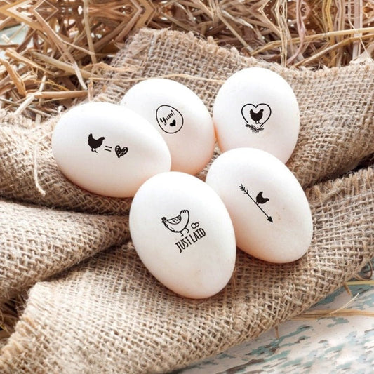 mini chicken egg stamps with love designs for farm, imprinted custom designs on the eggs.