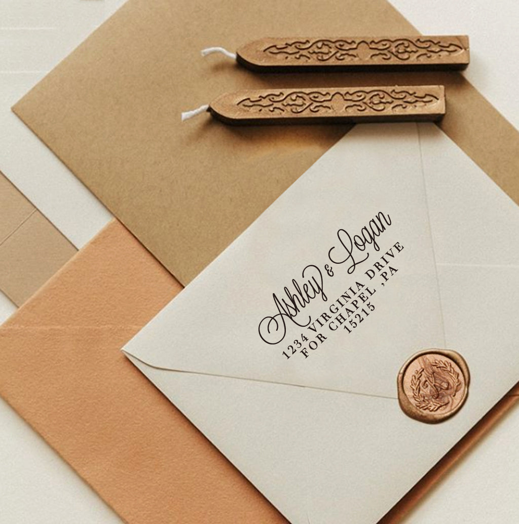 A personalized self inking wedding return address stamp, customized with your name and address, stamped on the white envelope, beside it, sealing wax is creating a wax seal on the mail.