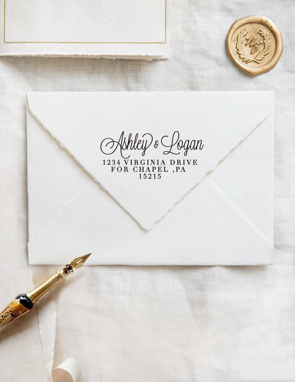A personalized wedding self inking address stamp, customized with your name and address, stamped on the white envelope, beside it, a wax seal is waiting for sealing the mail. 