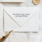 A personalized wedding self inking address stamp, customized with your name and address, stamped on the white envelope, beside it, a wax seal is waiting for sealing the mail.