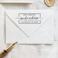 A personalized self inking address stamp, customized with your name and address, stamped on the white envelope, beside it, a wax seal is waiting for sealing the mail.