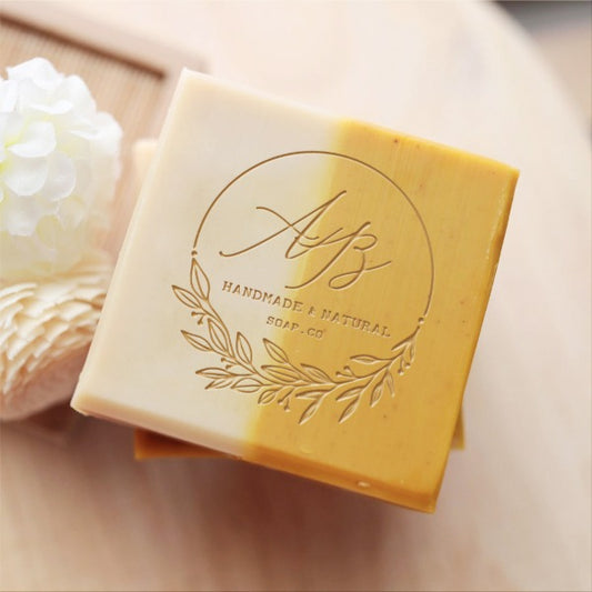 Custom Soap Stamp, with wreath, Initials and "handmade natural soap.co" design, imprinted on handmade soap.