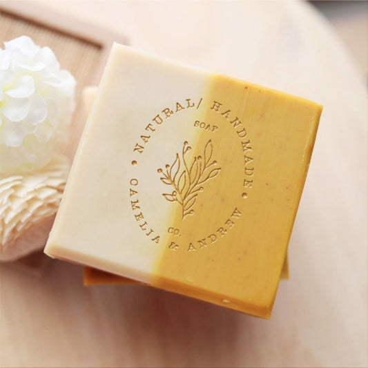 Custom Soap Stamp, with flower and your name, and "handmade natural soap" design, printed on handmade soap.
