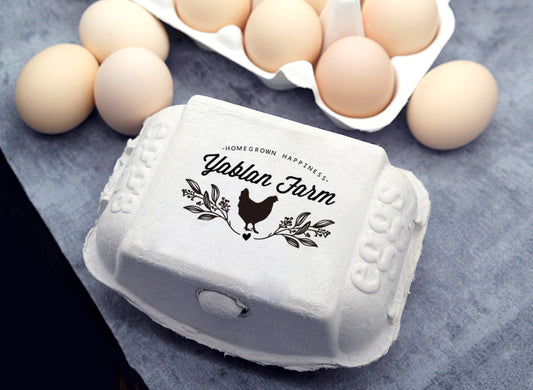 Custom Egg Carton Stamp, with your name and chicken flower graphic, imprinted on the egg carton.