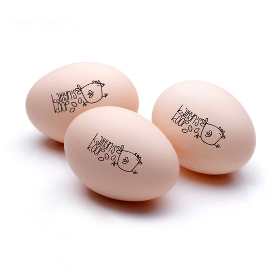 Custom Egg Stamps, with your name and chicken graphic, imprinted on the farm eggs.