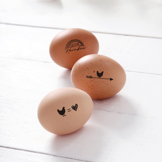 mini egg stamps, imprinted on the farm eggs with cute designs rainbow, arrow, hen and heart.