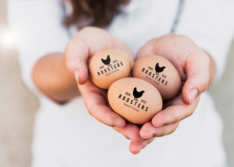 Custom Egg Stamps, with your name and chicken graphic, imprinted on the farm eggs.