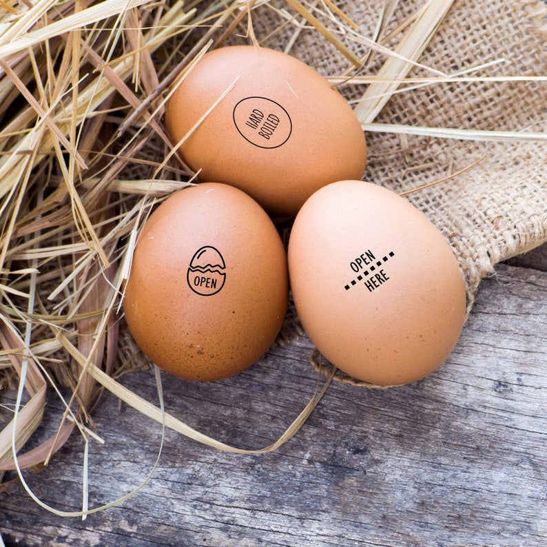 Egg stamp, imprinted on the eggs with the design of Hard Boiled and Open Here