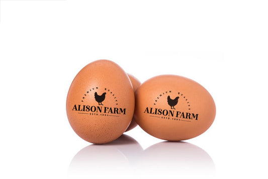 Custom Egg Stamps, with your name and hen graphic, imprinted on the farm eggs.