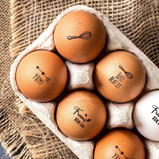 mini egg stamps, imprinted on the farm eggs with the design of Just Break It.