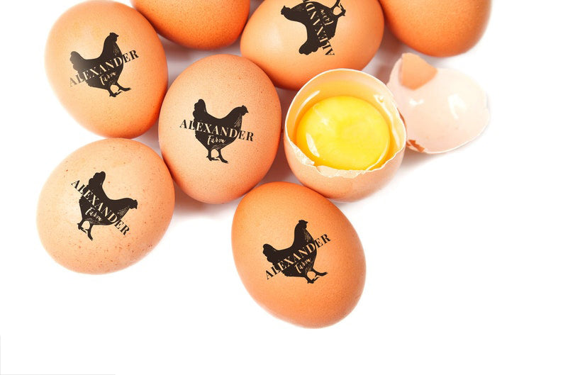 Custom Egg Stamps, with your name and hen graphic, imprinted on the farm eggs.