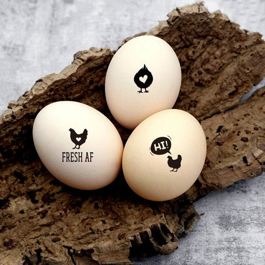 mini egg stamps, imprinted on the farm eggs with the design of Chicken say hi