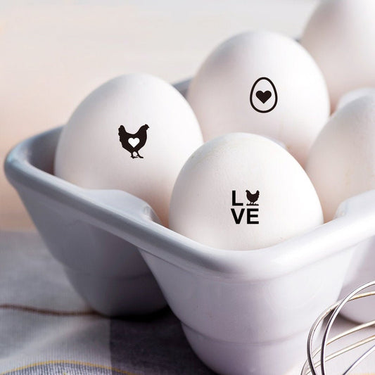 mini egg stamps, imprinted on the farm eggs with the design of Chicken with Heart.