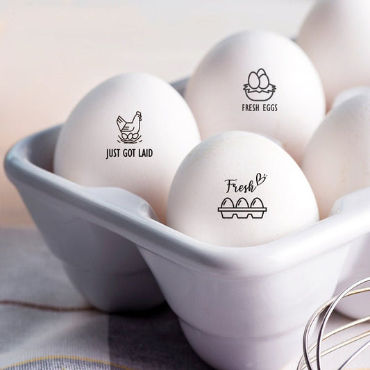 mini egg stamps, imprinted on the farm eggs with "Fresh Eggs" or "JUST GOT LAID" Word and pattern.