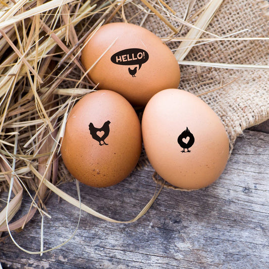 mini egg stamps, imprinted on the farm eggs with the design of chicken say hello