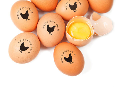 Custom Egg Stamps, with your name and chicken graphic, imprinted on the farm eggs.