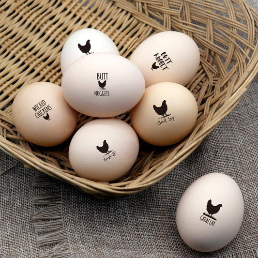 mini egg stamps, imprinted on the farm eggs with the design of Great Lay and Wicked Chickens.