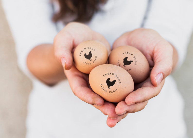 Custom Egg Stamps, with your name and chicken graphic, imprinted on the farm eggs.