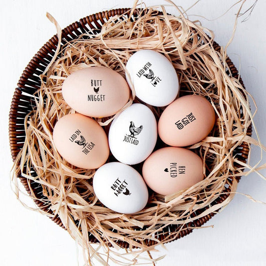 mini egg stamps, imprinted on the farm eggs with cute egg designs "JUST GOT IT", "HEN PICKED", "BUTT NUGGET" and "LAID IN THE USA".