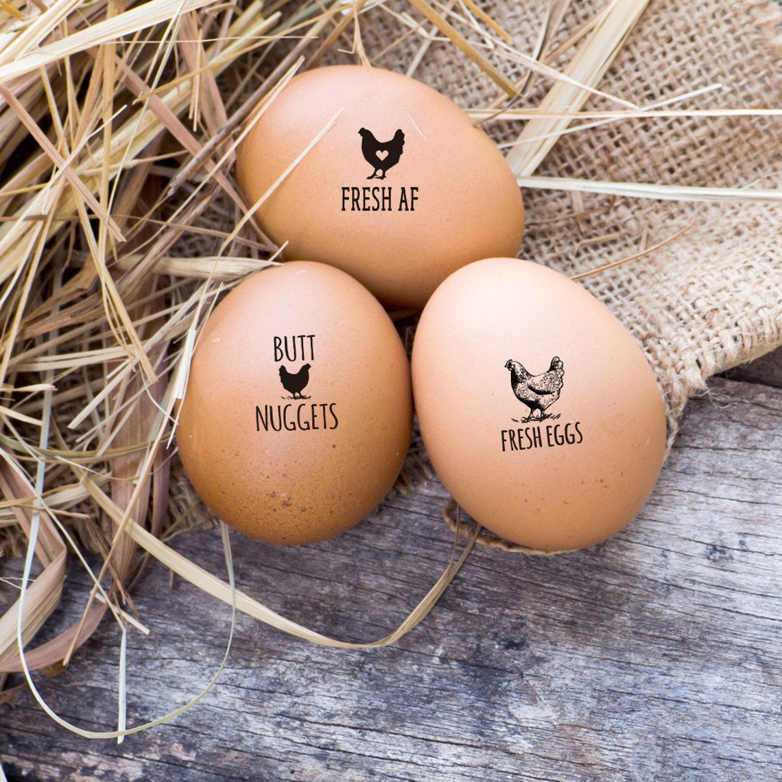 mini egg stamps, imprinted on the farm eggs with cute egg designs "Fresh Eggs" and "BUTT NUGGET".