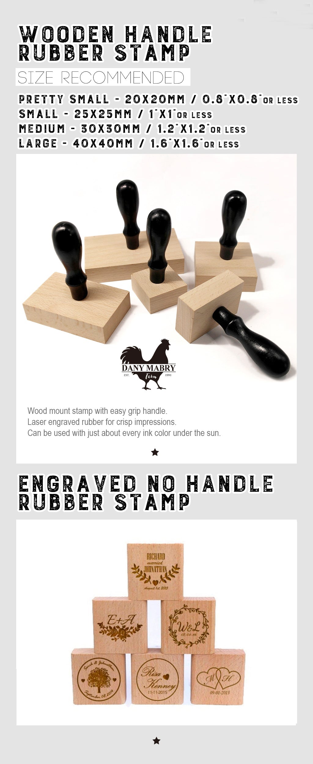 A sample to tell what's Wood Engraved Stamp and Rubber Stamp.