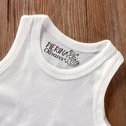 Custom Clothing Stamp, imprinted on the collar of white vest. A goose wear a crown and the cute small flower around it, the custom name at its' right side.