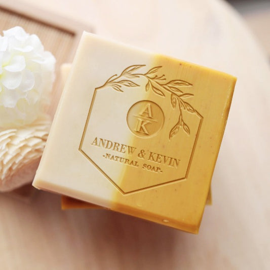 Custom Soap Stamp, with hexagon wreath, Initials and your name, and "Natural Soap Stamp" design, printed on handmade soap.