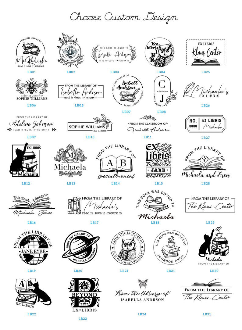 Thirty-two designs of custom library book stamps for choosing.