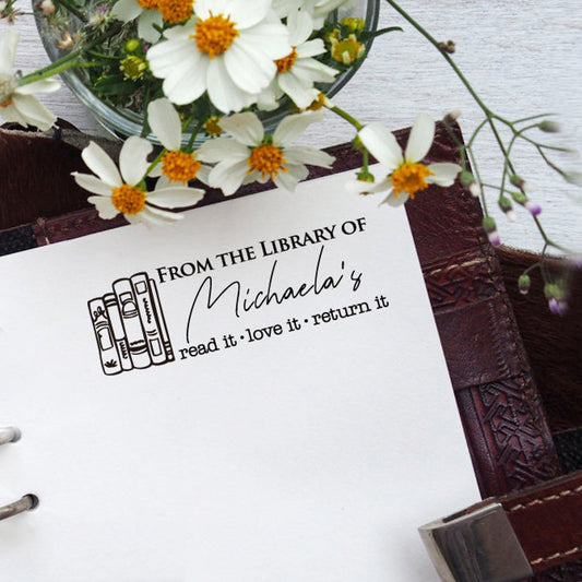 Custom your Book Stamp, with text from the library of your name and books graphic.