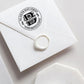 A self inking return address stamp, customized with your name, address, initial and leaves, stamped on the white envelop of invitation card, a wax seal sealed the envelope.