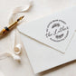 A personalized self inking address stamp, customized with your shop name and address, stamped on the white envelop, beside it, a ribbon is waiting for packing the gift.