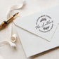A personalized self inking address stamp, customized with your shop name and address, stamped on the white envelop, beside it, a ribbon is waiting for packing the gift.
