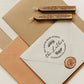A personalized self inking return address stamp, customized with your shop name and address, stamped on the white envelope, beside it, sealing wax is creating a wax seal on the mail.