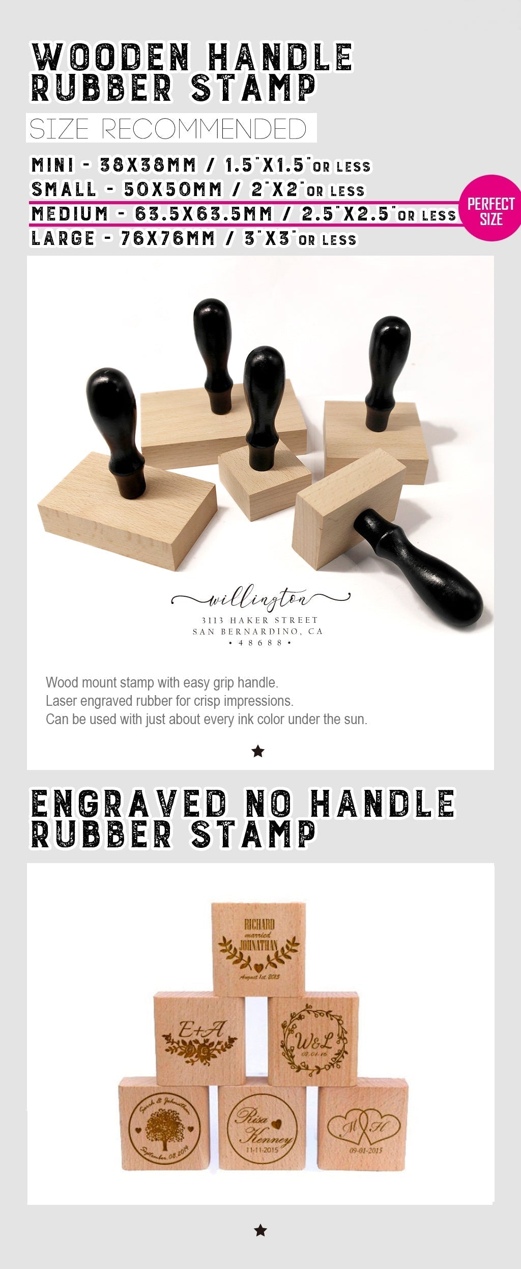 A sample to tell what's difference of wooden handle rubber stamp and engraved no handle rubber stamp, and their feature.
