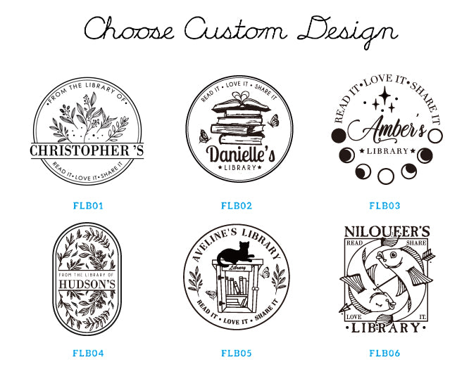Six designs of custom free library book stamps