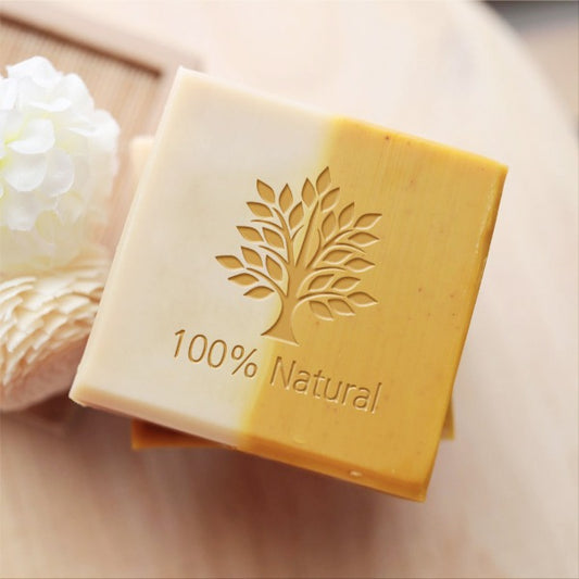 Acrylic Soap Stamp, with tree of life and "100% Natural " design, printed on handmade soap.